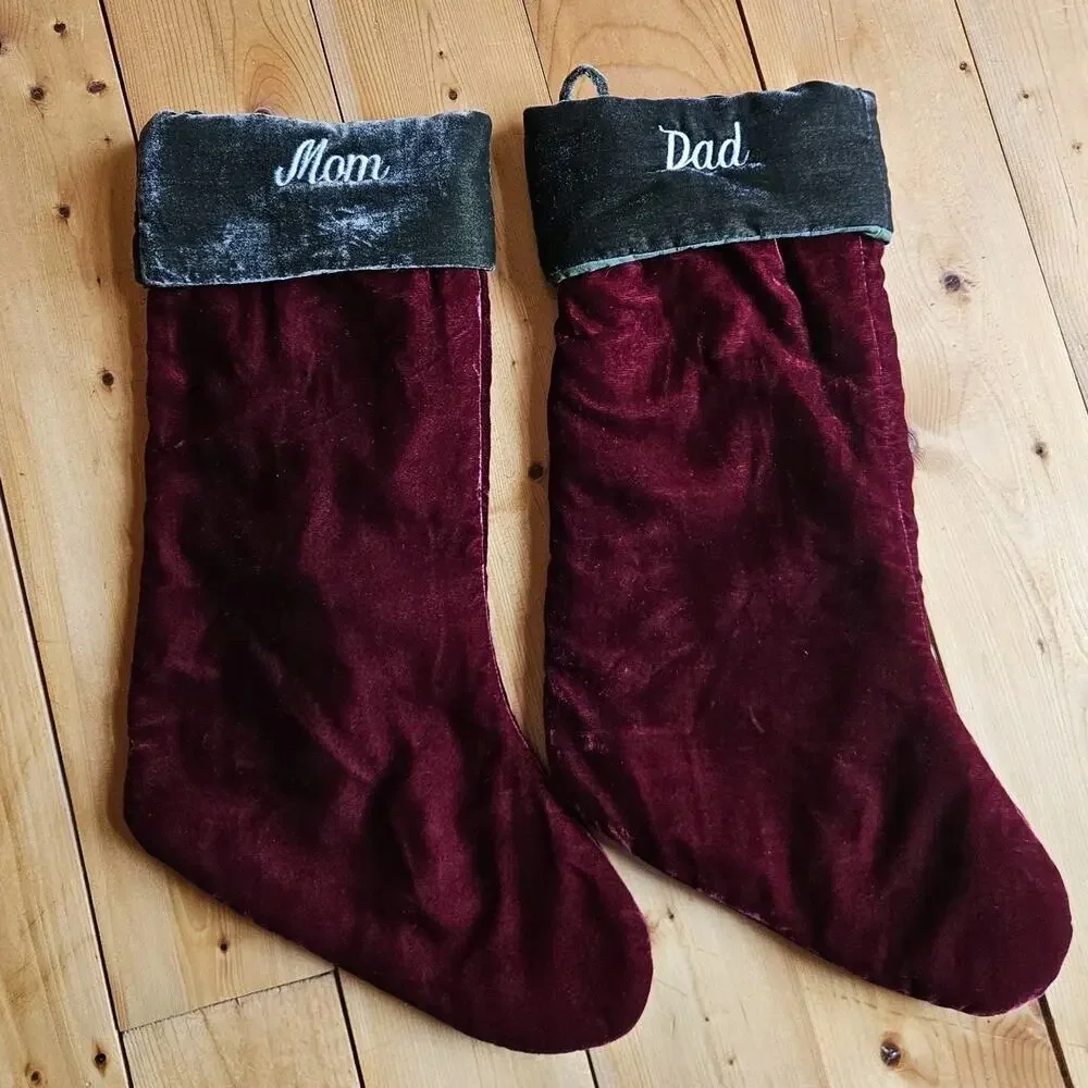 TWO Pottery Barn Christmas Stockings Maroon Green Velvet Mom Dad Embroidered 21